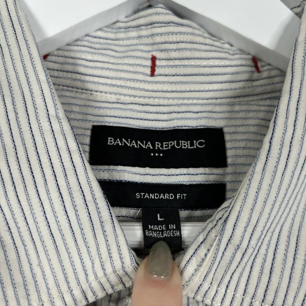Banana Republic Mens Shirt Large White Coastal Mini Stripe Button Front Office